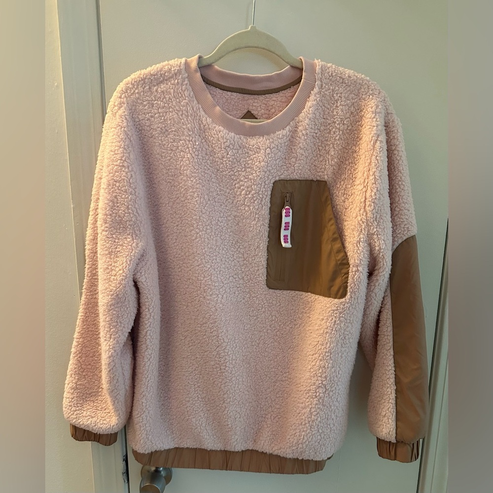 UGG Women’s Plush Crewneck Sweater in Light Pink with Tan Pocket